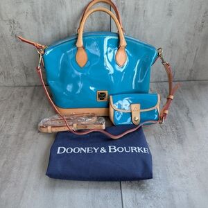 Dooney and Bourke Darcy Turquoise Tan Patent Leather Handbag Purse Wristlet
